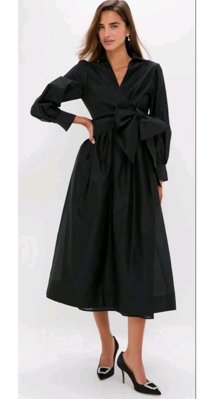 Tuckernuck Black Midi Wrap Dress with Oversized Bow